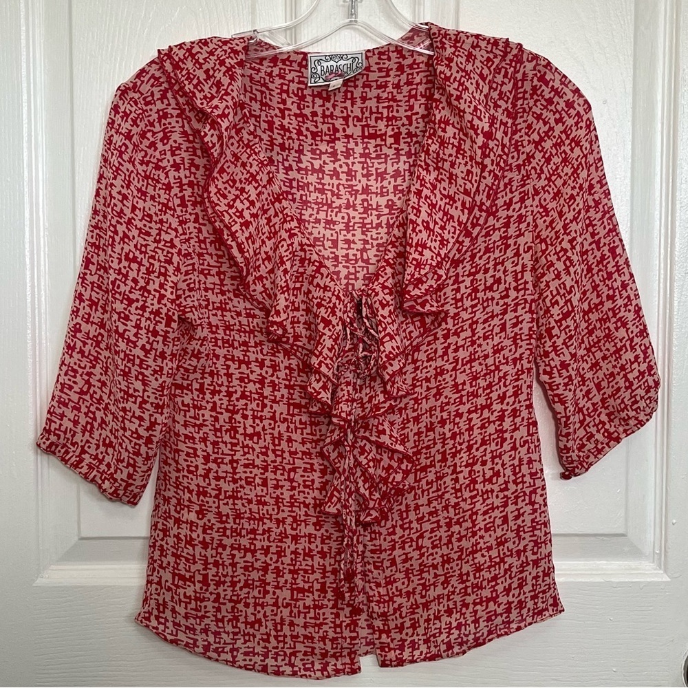 BARASCHI Silk Ruffle Neckline Button Down Red 3/4 sleeve Femina Top | size Small